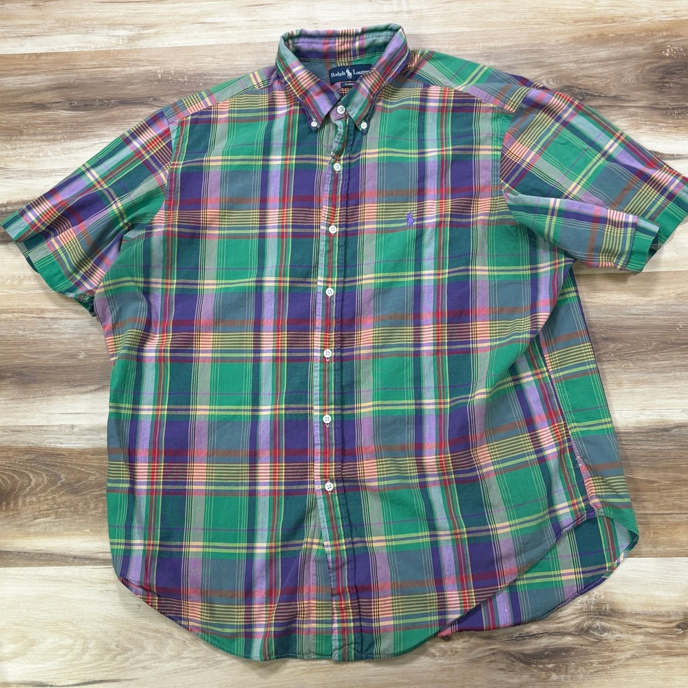 Vintage Ralph Lauren Madras Plaid Button Down Shirt XXL Short Sleeve Classic Fit